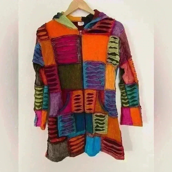 Hippy Boho Winter Size Small Cotton Patchwork Jacket Hoodie Retro Coat Nepal - Picture 1 of 8